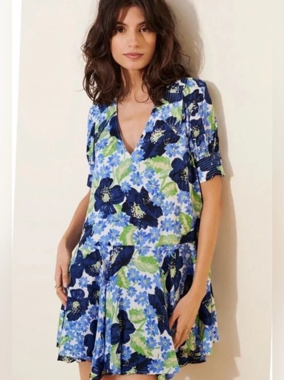 Free People 🌙 Moon Chaser Mini Dress Blue Floral Boho Babydoll Dress